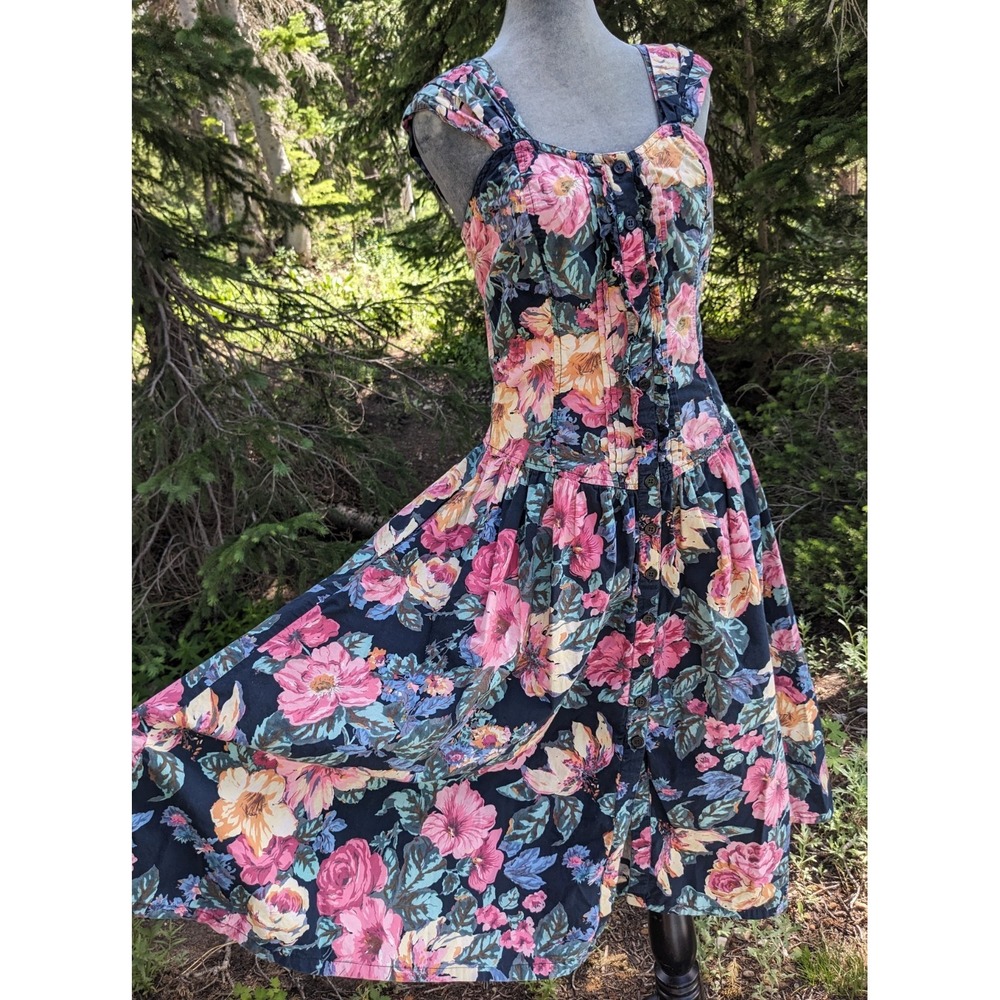 Vintage 90s Starina Floral Garden Dress M Cottagecore Button Front Corset Ruffle - Picture 12 of 15